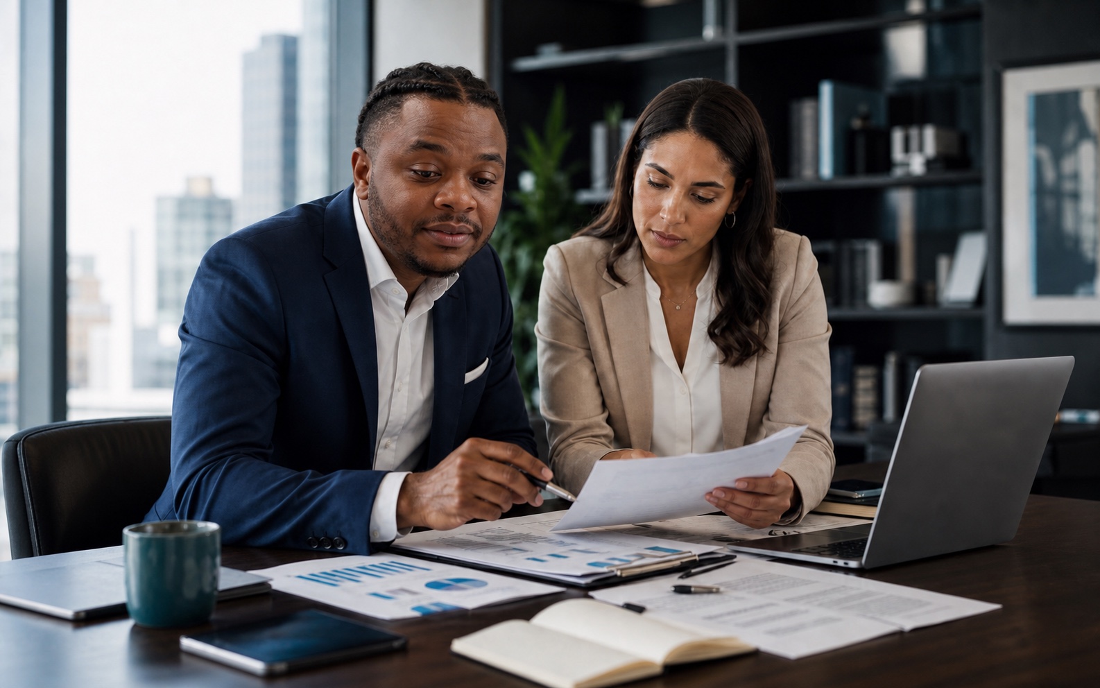 Archie Powell reviewing business funding documents with a business owner